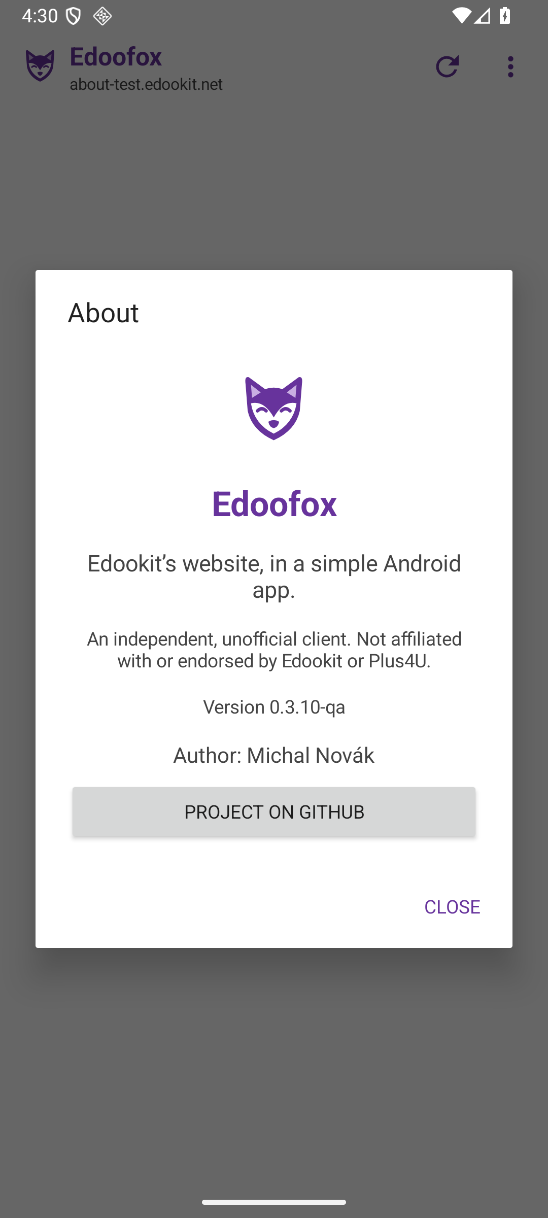 Ukázka obrazovky O aplikaci v testovací verzi Edoofoxu